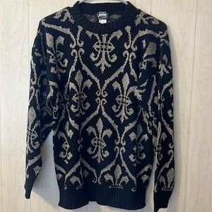 Vintage  Metallic Sweater Fleur de Lis  Black Gold Pullover Jolie Size M